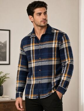 Old Navy Heavyweight Flannel Blue and Tan Button-Down Shirt